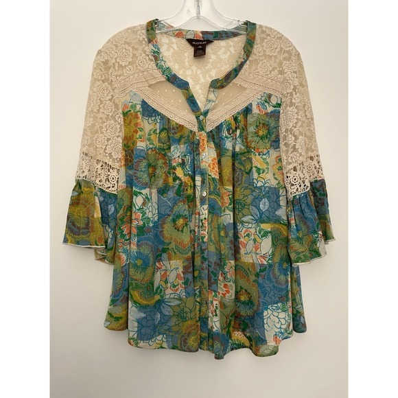 Multiples Peasant Blouse‎ Women's Lace Cut Out Boho Top Multicolor Size Medium - Picture 3 of 11